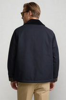 men navy corduroy collar barn jacket back view