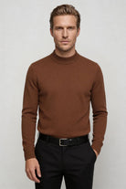 men’s brown 100% wool crewneck sweater lightweight smart casual pullover