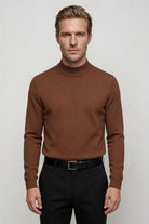 men’s brown 100% wool crewneck sweater lightweight smart casual pullover front view