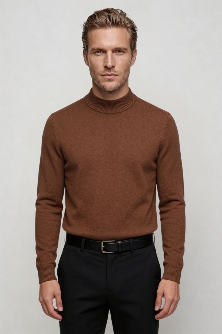 men’s brown 100% wool crewneck sweater lightweight smart casual pullover front view
