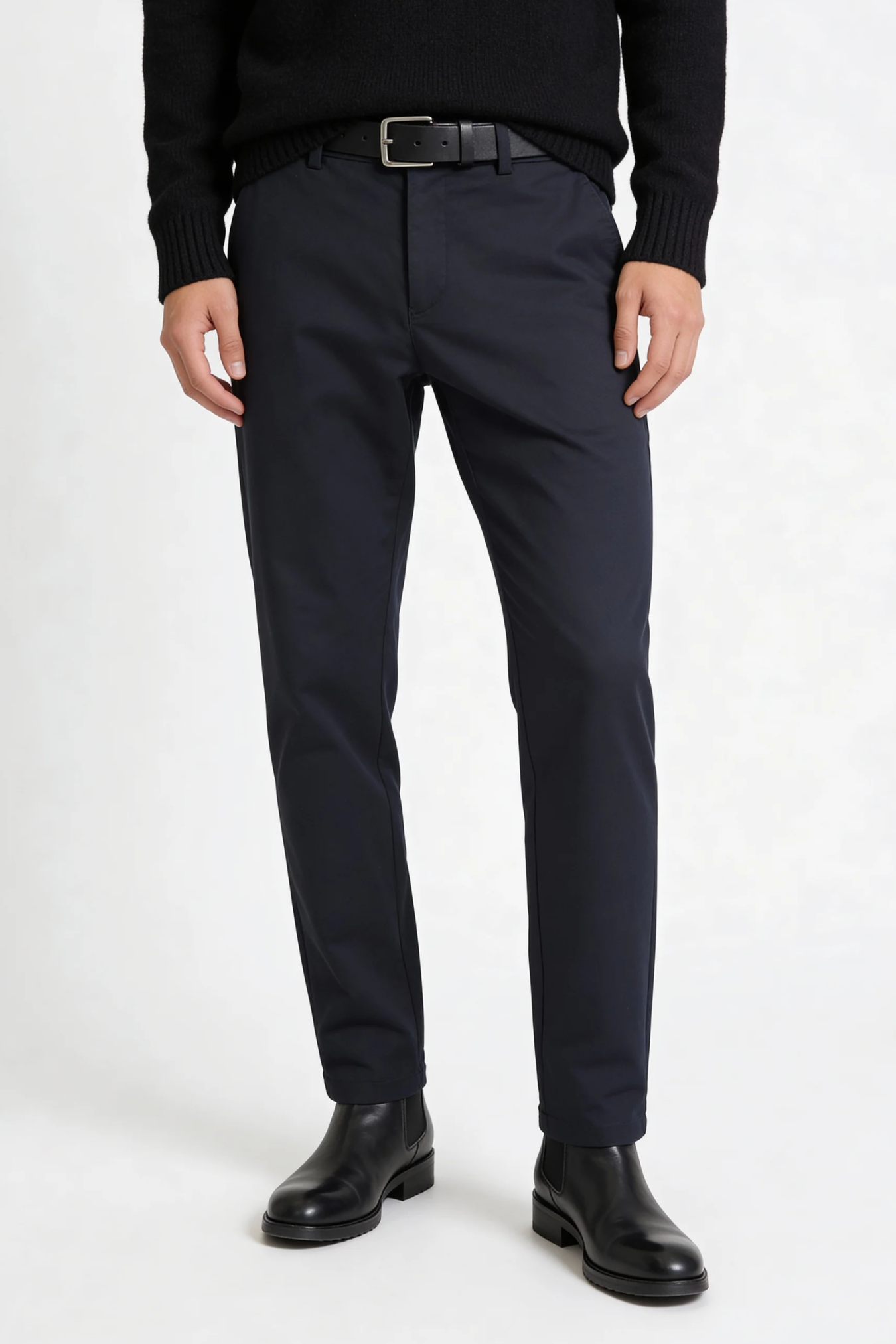 Modal posing with a navy tailored stretch trouser of Lavencio