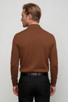 men’s brown 100% wool crewneck sweater lightweight smart casual pullover back view