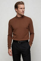 men’s brown 100% wool crewneck sweater lightweight smart casual pullover side pose