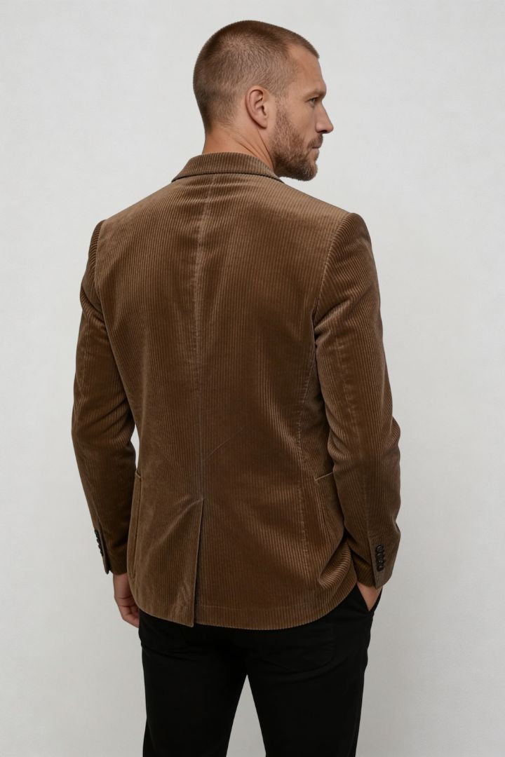Lavencio Men’s slim fit brown corduroy blazer with notch lapel and two-button back pose