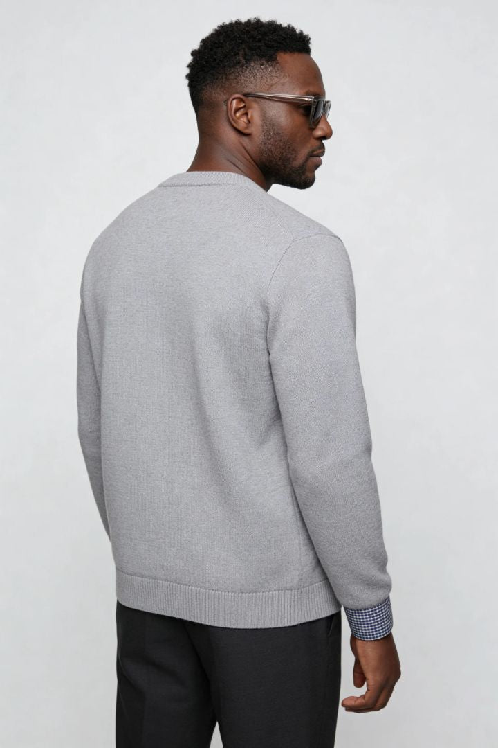 mens light gray knit button cardigan sweater casual layering back pose