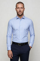men’s modal dress shirt striped wrinkle resistant stretch button down in blue front view