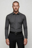 men’s modal dress shirt striped wrinkle resistant stretch button down in black front view