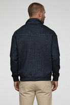 Men’s navy cotton quarter zip sweater with structured collar and ribbed cuffs