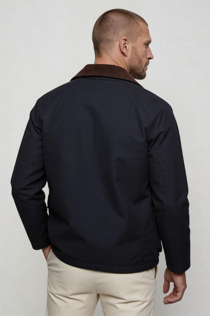 Lavencio Men’s cotton field jacket with corduroy collar and utility pocket design navy back 