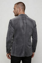 Lavencio Men’s slim fit gray corduroy blazer with notch lapel and two-button back pose