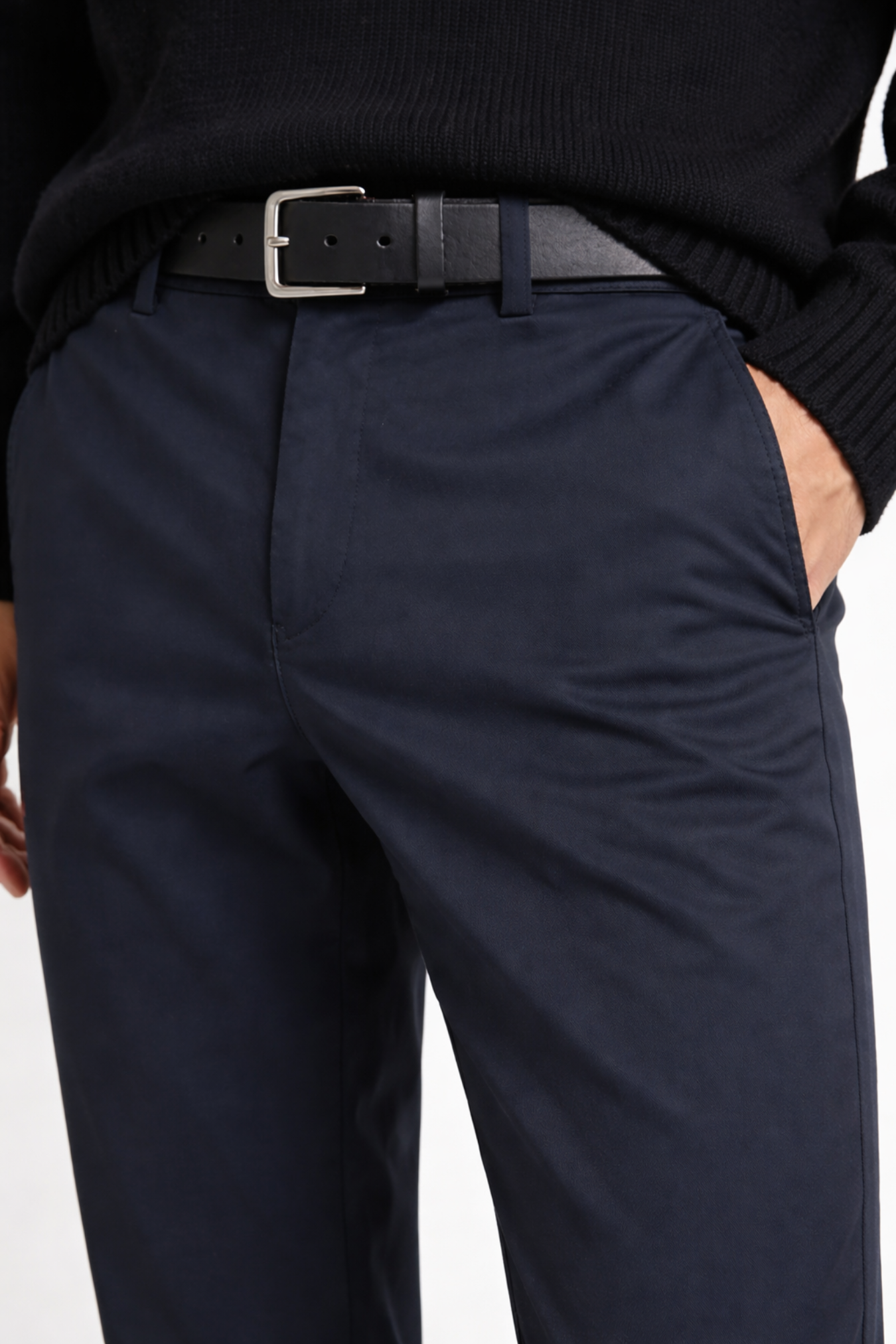 Modal posing with a navy tailored stretch trouser of Lavencio