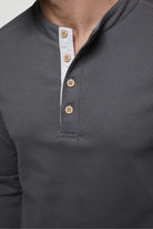 Men’s cotton henley long sleeve shirt slim fit breathable casual layering lightweight top in gray close-up