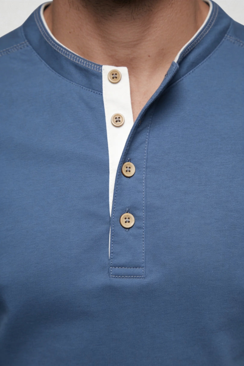 Men’s cotton henley long sleeve shirt slim fit breathable casual lightweight soft fabric in Blue close-up