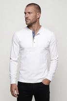 Men’s white cotton henley long sleeve shirt slim fit breathable casual layering lightweight top 