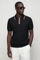 Men’s black knit polo shirt breathable viscose lightweight summer polo textured short sleeve shirt