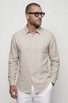 Men’s breathable 100% linen beige shirt lightweight summer button up long sleeve shirt