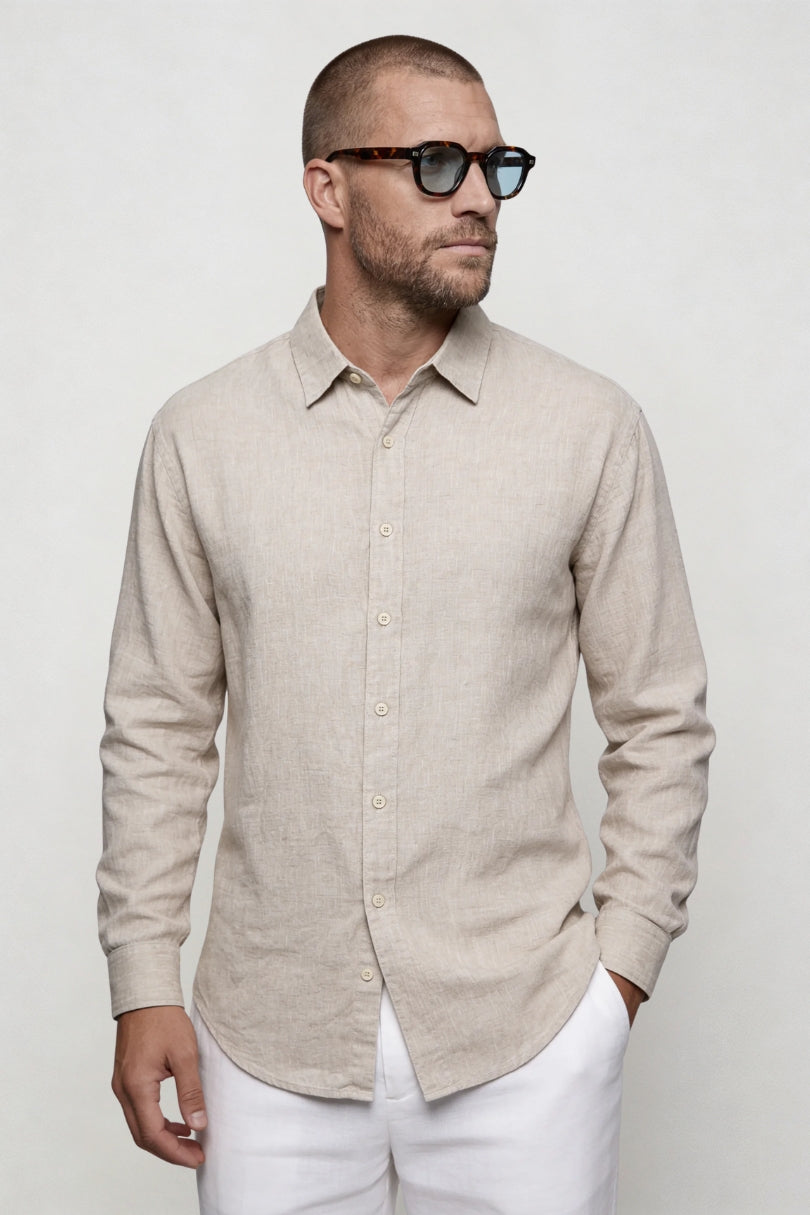 Men’s breathable 100% linen beige shirt lightweight summer button up long sleeve shirt