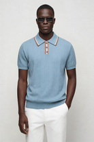 Men’s blue knit polo shirt breathable viscose lightweight summer polo textured short sleeve shirt