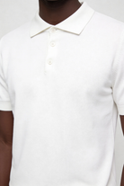 Men’s knit polo shirt cotton blend breathable lightweight modern fit short sleeve polo white close-up