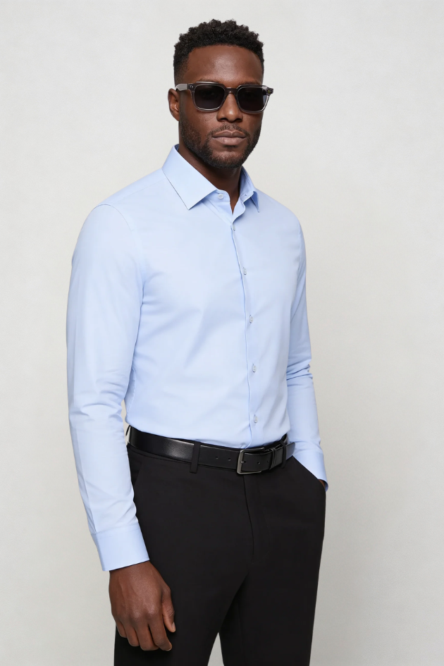 Men’s light blue wrinkle free dress shirt cotton no iron slim fit breathable formal shirt long sleeve