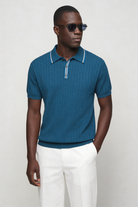 Men’s sapphire blue knit polo shirt breathable viscose lightweight summer polo textured short sleeve shirt