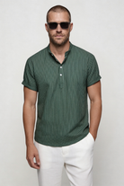 Men’s striped henley shirt cotton linen breathable lightweight summer short sleeve shirt