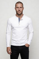 Men’s white cotton henley long sleeve shirt slim fit breathable casual layering lightweight top front view