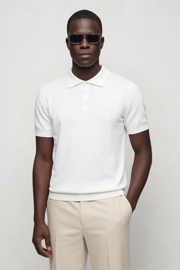 Men’s white knit polo shirt cotton blend breathable lightweight modern fit short sleeve polo