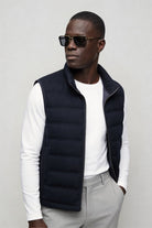 mens navy down puffer vest lightweight insulated gilet side pose