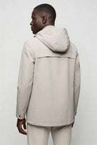 Men’s beige lightweight hooded polyester jacket spring fall outerwear back view