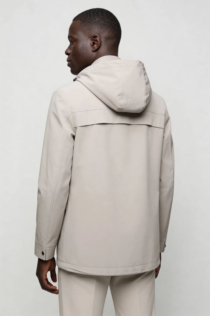 Men’s beige lightweight hooded polyester jacket spring fall outerwear back view